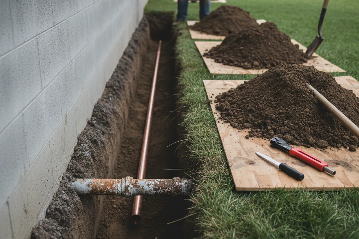 Excavated water line trench during Water Softener Installation in Drain